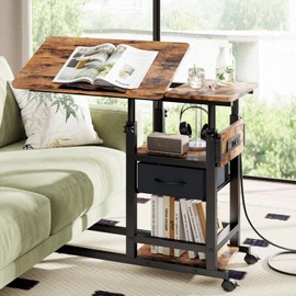 DAPOTUGI Height Adjustable Overbed Table with Wheel and Charging Station, Tiltable Desk C Shaped End Table for Couch, 2-Tier Overbed Bedside Desk with Storage Shelve for Living Room Bedroom