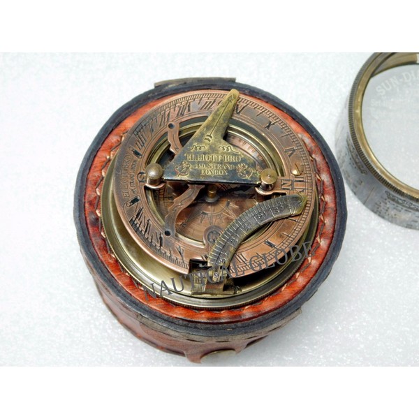 KHUMYAYAD Brass Sundial Compass -Drum Sundial with Stamp Leather Box.Maritime Nautical Antiques Nautical Reproduction