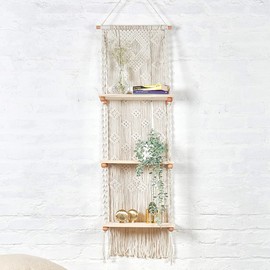 Folkulture 3 Tier Macrame Hanging Wall Shelf or Floating Shelves for Boho Room Decor, Indoor Plants Hanging Shelves for Rustic or Bohemian Farmhouse Bedroom Décor, 52 Inches