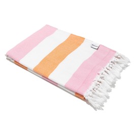 InfuseZen Soft Terryback Large Turkish Towel, Striped Terry Backed Peshtemal Bath Towel, Gym and Beach Towel, Thin Oversized Hammam Towel, Plus Size Fouta (Pink Orange)