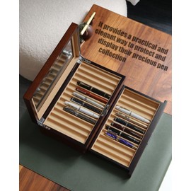 Bonaking Pen Display Case with 24 Pen Slots, Fountain Pen Display Case, Wood Pen Storage Organizer, Pen Display Box for Men Gift, Pen Case with Glass Window(brown ash veneer finish, camel velvet)