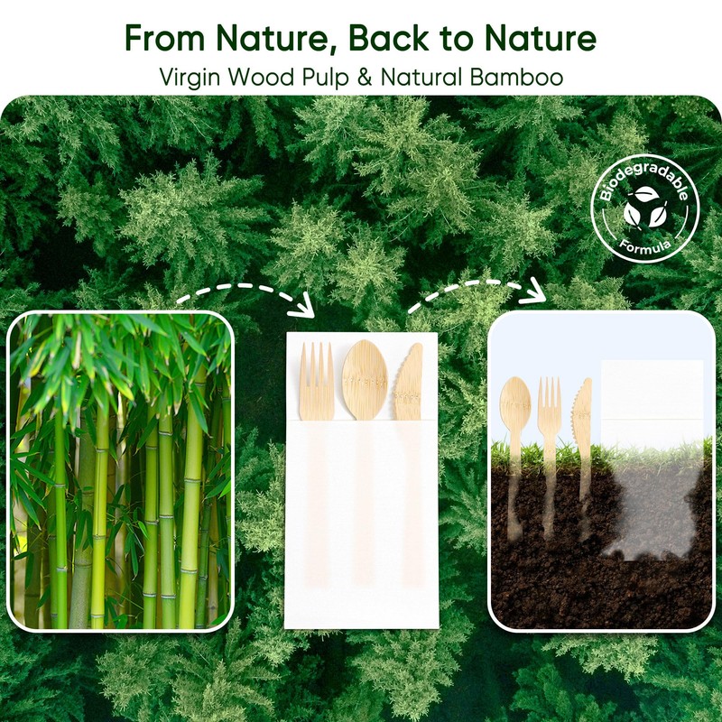 FEHHTO Napkin and Bamboo Cutlery Set, Compostable Utensils Disposable Cutlery
