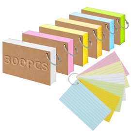 Kaizuca 300 Pieces 5 * 3 Inch Multi-Coloured Revision Cards, Flashcards, Index Cards, Record Cards with 6 Binding Rings 12 Kraft Paper, for Office, Home, School(6 Colours)