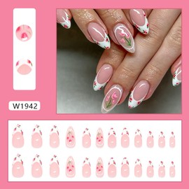 White French Tip Press on Nails Medium Almond Fake Nails with Tulips Designs Pink Flowers False Nails Glossy Full Cover Stick on Nails Floral Glue on Nails Spring Summer Artificial Nails for Women