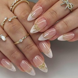 White French Tip Press on Nails Medium Almond Nude Fake Nails with Glue Gold bow Line Stick on Nails Full Cover Glossy Acrylic False Nails for Women DIY Manicure Decoration 24PCS