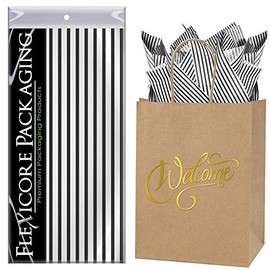 Flexicore Packaging Natural Brown Kraft Paper Welcome Bags & Black Gift Wrap Tissue Paper | Size: 8 Inch X 4.75 Inch X 10.5 Inch | Count: 5 Bags | Color: Black Pin Stripe
