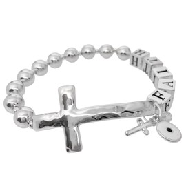 Gypsy Jewels Faith Word Blocks Sideways Cross Silver Tone Beaded Charm Stretch Bracelet