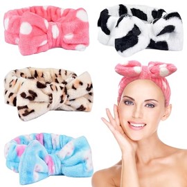 KEYRI Pack of 4 Cosmetic Hair Bands, Spa Bowknot Hair Bands, Spa Face Headband for Women, Elastic Coral Fleece Hairband, Makeup for Face Washing, Yoga (White, Pink, Blue, Leopard, One Size)