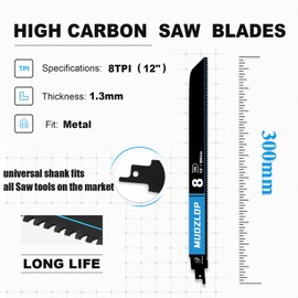 MUOZLOP 1 Pack 12 inch Reciprocating Saw Blades Set，8 TPI High Carbon Saw Blades for Metal ，Saw Blades with Organizer Case (1, 8T/12inch)