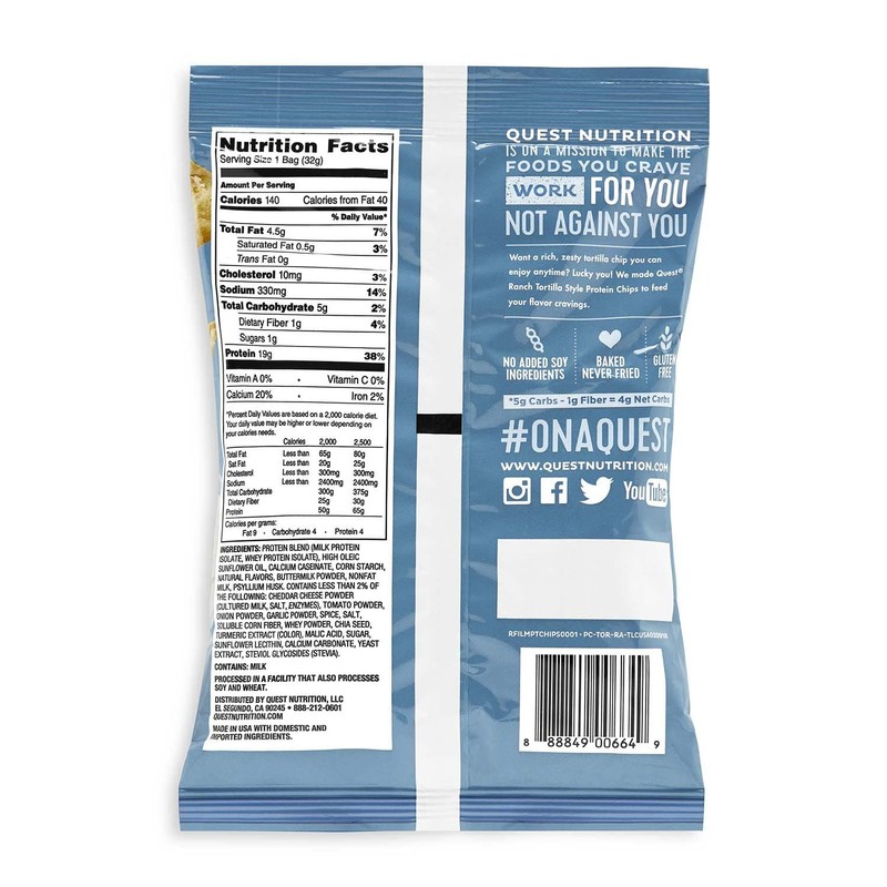 Quest Nutrition Tortilla Style Protein Chips, Ranch, Low Carb, Gluten