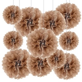 Tissue Paper Pom Poms, Brown Tissue Paper Flowers, Hanging Flower Balls for Weddings Fiesta Parties Birthday Baby Showers Classroom Bridal Shower Decoration (20Piece Set-6/10/12/14Inch)