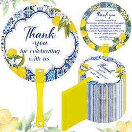 CroBlissful 100 Pcs Wedding Hand Fans Bulk Plastic Handheld Wedding Favor Fans for Guests Thank You for Celebrating with Us Greenery Fan with Handle for Ceremony Bridal Shower Party (Tiles Lemon)