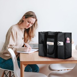 Becokan Large Tote Bag for Women Waterproof with 12 Pockets Top Zipper Closure Utility Teacher Nurse Bags for Work School, Dark Grey, Large