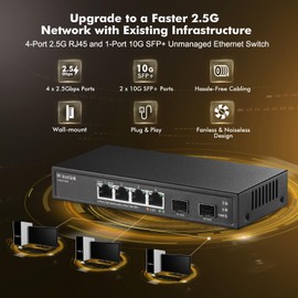 MokerLink 4 Port 2.5G Ethernet Switch with 2 Port 10G SFP+ Slot, 4 x 2.5G Base-T Ports Compatible with 10/100/1000Mbps, Metal Unmanaged Fanless Small Network Switch