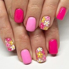 Cute Press on Nails Short Square Fake Nails Colorful Flowers Acrylic Nails, Pink Full Cover Nails Press ons Spring Stick on Sweet Nails for Women 24 Pcs