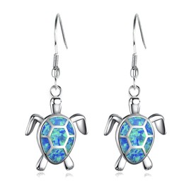 Tiny Turtles Dangle Drop Earrings 925 Sterling Silver Pin Lovely Animal White Opal Hook Hoop Earring Drops Delicate Jewelry Gift for Women Sensitive Ears (Blue Opal)