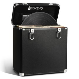 ZEDKEHO Vinyl Record Storage Box with Lock, Holds 35+ LP Albums
