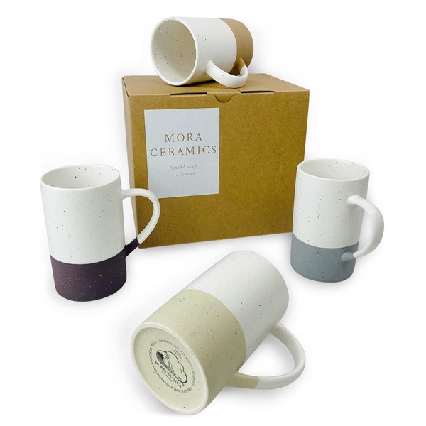 Mora Ceramics 12oz Coffee Mug Set of 4 - Tea Cups with Handle - Microwave and Dishwasher Safe, Perfect For Mug Lovers - Rustic Matte Glaze, Modern Design - Assorted Colors