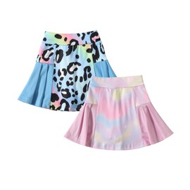 Neutocd - Falda de tenis para niñas, faldas plisadas atléticas de cintura alta, con pantalones cortos, para golf, pickleball, correr, #1 Blue Leopard + Pink Tie-dye, 6-7 Años