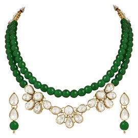 I Jewels Gold Plated Indian Wedding Bollywood Kundan & Pearls Necklace Jewellery Set with Earrings for Women (IJ360) (Green)