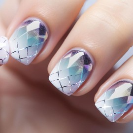 Press on Nails Short Silver Grid Fake Nails Square Glossy Glue on Nails Full Cover Acrylic Nails Purple & Blue Smudge False Nails Natural & Simple Stick on Nails for Women 24Pcs