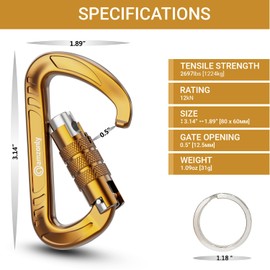 3inch Auto Locking Carabiner Clips Heavy Duty, 12KN /2697lbs Lightweight keychain carabiners, Sturdy Twist Lock Caribeeners for Camping Hiking Hammock Swing Backpack, dog leash and Harness etc, Gold