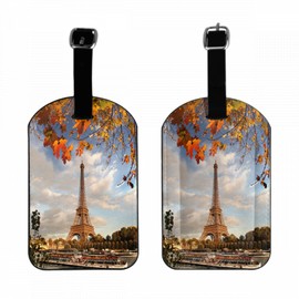 Zoczos Paris Leather Luggage Tags Eiffel Tower France Autumn Fallen Trees Romantic Business Card Holder Travel ID Bag Tag for Travel Luggage Baggage Identifier, 1 Pack