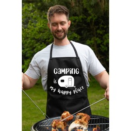 Print4U Camping Is My Happy Place Funny Apron Novelty Baking BBQ Cooking Black