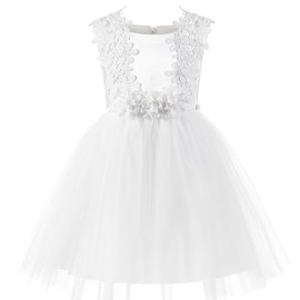 Lace Tulle Flower Girl Dress White Floral Applique Kids Summer Wedding Party Gown (Size 12, White)