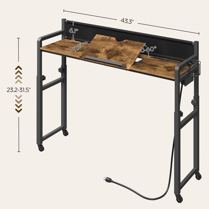 Overbed Table with Wheels, Height Adjustable, Recliner Table with Charging