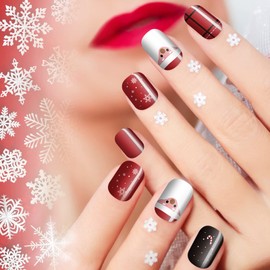 384 Pcs 16 Pack Christmas Press on Nails Short Christmas Short Glue On Nails Square Faux Christmas Nails Plastic Artificial Nail Full Cover with Santa Elk Snowflake Pattern for Women (Vibrant Pattern)