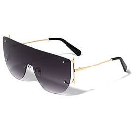 Dweebzilla XL Flat Top Rimless Square One Piece Shield Lens Luxury Aviator Sunglasses (Gold & Black Frame, Black Gradient Lens)