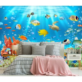 LOOWAP Undersea Wallpaper The Underwater World Turtle Goldfish Clown Fish Wall Mural for Bedroom Living Room (Not Peel n' Stick)