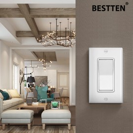 BESTTEN 4 Pack 4-Way Decorator Wall Light Switch with Wallplate, 15A 120/277V, On/Off Paddle Rocker Interrupter, Self-Grounding, UL Listed, White