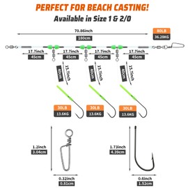 Narcissus 5PCS Sea Fishing Rigs, Pre-Tied Flapper with Size 1/0 & 2/0 Hooks, Anti-Tangle Snap, 1-3 Hooks, Gaps (45cm, 52cm, 80cm), Ready for Beach Fishing (5pcs- 3 hooks- size 2/0-45cm gap)