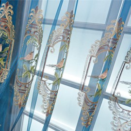 SLOW SOUL Set of 2 Panels Embroidered Birds Sheer Curtains for Living Room Bedroom Dining Room Curtains & Drapes High-end Curtain with Rod Pocket Blue Tulle 49W X 102L inch