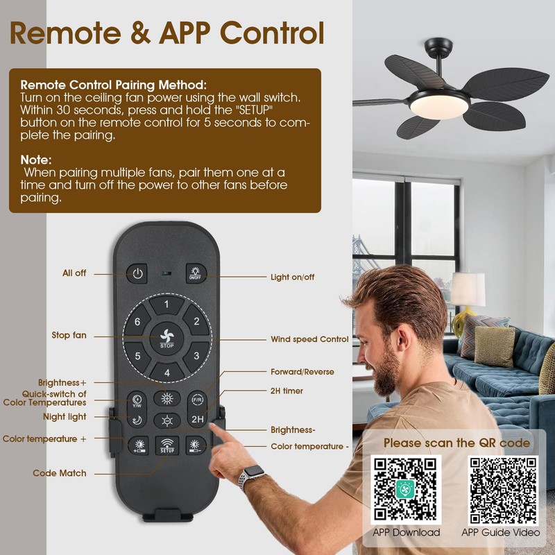 Wiviniya Ceiling Fans with Lights and Remote/APP Control, 48 Inch