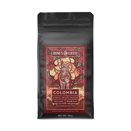 Bones Coffee Company Colombia Single-Origin Flavored Coffee Beans & Ground Coffee New Packaging | 12 oz Medium Roast Low Acid Coffee | Coffee Gifts & Beverages (Ground)