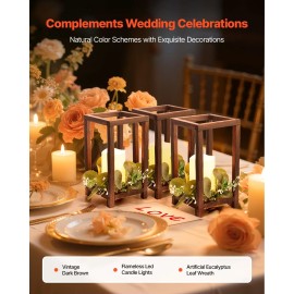 12 Set/36 Pcs Brown Wooden Wedding Lantern Centerpiece Includes 12 Lantern Candle Holders 12 Flameless LED Candles Decor TableQuantity: 36 pcs, color: Brown Color