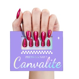 Canvalite Short Almond Press On Nails, Rose Red Cat Eye Nails Press On with Glue 30Pcs Reusable Acrylic Fake Nails Hassle-Free Removal Easy to Use Manicure Kit for Women