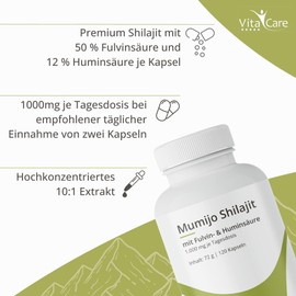VitaCare Mumijo Shilajit Kapseln, 120 vegane & hochdosierte Kapseln mit 100% reinem Himalaya Shilajit-Extrakt, 1000mg pro Tagesdosis mit 62% Fulvin- & Huminsäure, 120 Kapseln