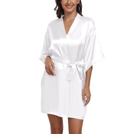 Trek Forte Women's Satin Robe Kimono Dressing Gown Short Bathrobe Bridal Bridesmaids Sleepwear Summer with Belt V-Neck, White