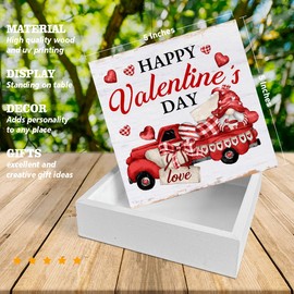 Valentines Decor Happy Valentines Day Decor Happy Valentine's Day Gnome Truck Wooden Sign Valentines Day Decorations Home Shelf Decor 5 x 5 Inches