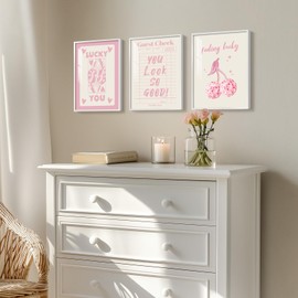 Framed Pink Poker Wall Art for Room Decor, 3 Piece Modern Cherry Lucky You Artwork for Bedroom Wall Decor, Preppy Guest Cheek Funky Queen of Hearts Trendy Painting Print for Bathroom Hallway, 12x16 In