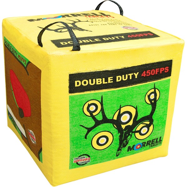 Morrell Double Duty 450 FPS 4 Sided Cube Field Point Archery Bag Target with Traditional Bullseyes, Nine-ball, Dartboard Game, and Deer Vitals, Yellow