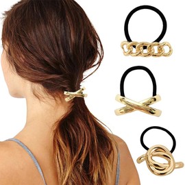 Pack of 3 Hair Accessories, Gold, Metal Hair Cuffs, Elastic, Hair Clip Gold for Ponytail, Hair Accessory for Women and Girls (A)