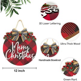 Merry Christmas Sign for Front Door, 3D Buffalo Plaid Christmas Sign with Burlap Bow-Knot, Christmas Wreath for Front Porch Indoor Outdoor Decorations (Buffalo plaid)