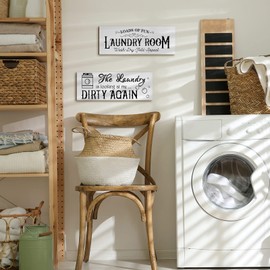Jetec 2 Pieces Laundry Room Wooden Signs Rustic Family Farmhouse Laundry Room Wall Decor Vintage Bathroom Wall Sign Laundry Rules Hanging Printed Decor for Home Laundry Room, 13.8 x 4.7 Inch (White)