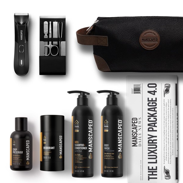 MANSCAPED® The Luxury Package 4.0 Includes: The Lawn Mower® 4.0 Electric Trimmer, The Shears 2.0 Nail Kit, Crop Preserver™, Deodorant, Body Wash, 2-IN-1 Shampoo & Conditioner, The Shed toiletry bag