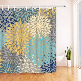 RyounoArt Dahlia Pinnata Flower Shower Curtain Gray Yellow Teal Blue Bathroom Curtain Polyester Fabric 72×72 Inch with 12 Hooks
